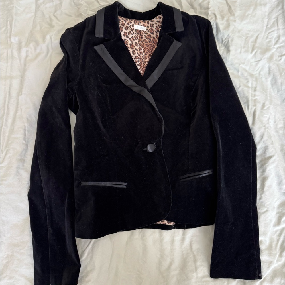 Vintage late 90s 2000s Y2K Aqua Black Velvet Blazer with animal print lining